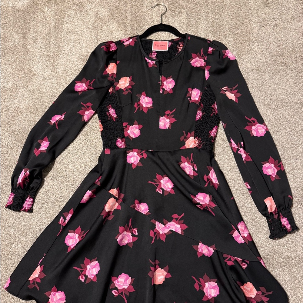 kate spade Black Long-Sleeve Dress with Pink Rose Print - Picture 1 of 5
